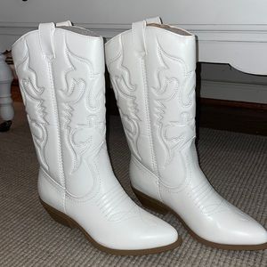 White embroidered low heel cowboy boots
